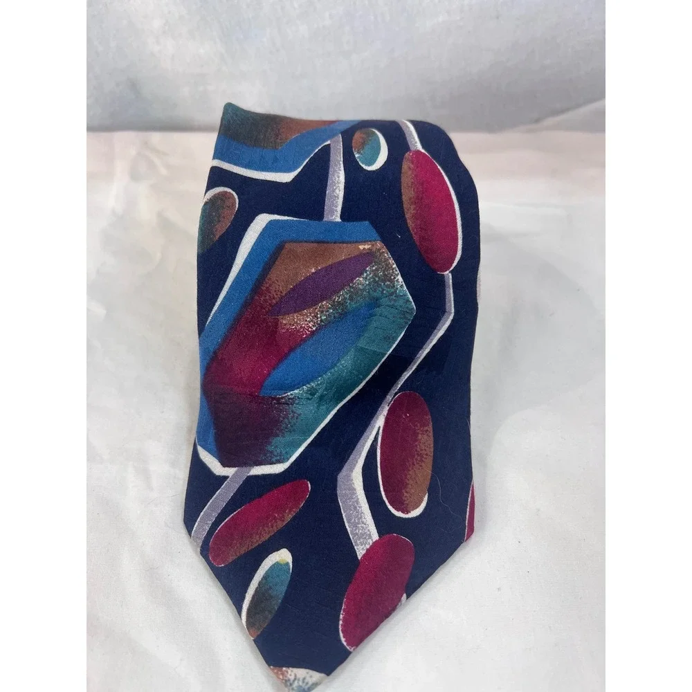 Oscar de la Renta Silk Tie Navy Blue Abstract Geometric Couture Collection USA